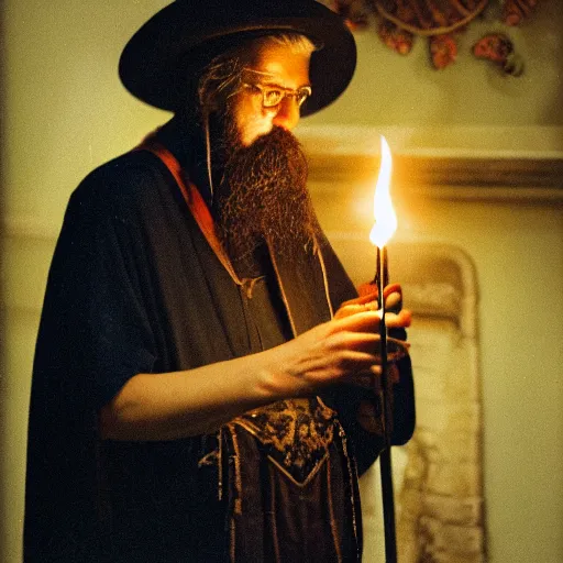 Image similar to a close up portrait of a wizard playing the flute, fireplace lighting, nighttime, kodak vision 5 0 0 t