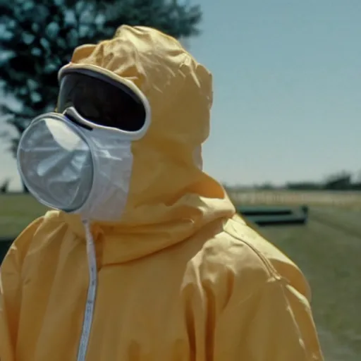 Image similar to a man wearing a hazmat suit rapping, sunny day, film still, Arriflex lens