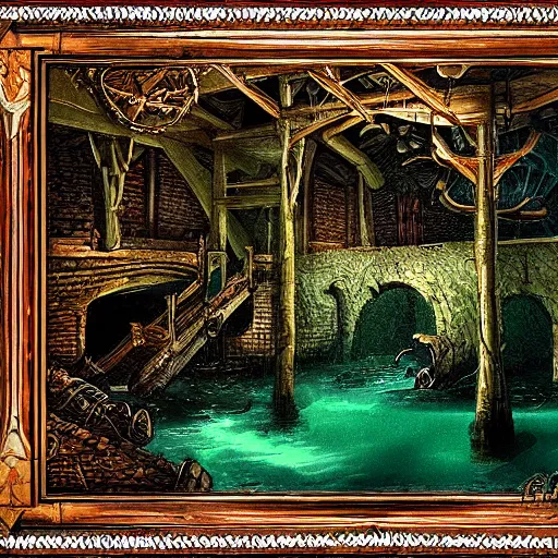 Image similar to drowned bandit lair, sewers, victorian, warehouse, fantasy art