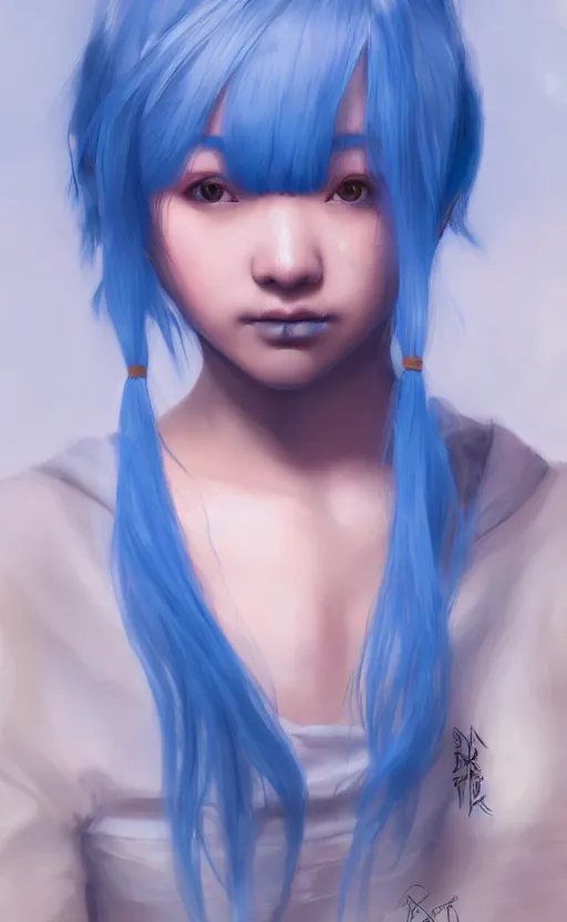 Image similar to girl with blue hair, by Eunji Lee, 4k, digital art, ultra realistic, ultra detailed, concept art, trending on artstation