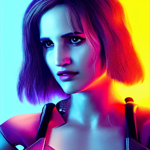 Image similar to dianna agron portrait, Cyberpunk 2077, photorealistic, ultra detailed, cybernetic body parts, neon, octane, bokeh, 8k