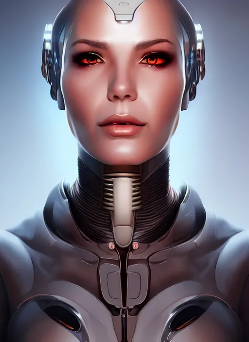 Image similar to portrait of a cyborg woman by Artgerm, (((((face turns left))))) ((face turns right)), eyes closed , biomechanical, hyper detailled, trending on artstation