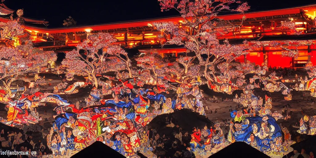 Image similar to photo of toro nagashi festival at midnight, beautiful colors and lighting, extremely intricate, hyper detailed, hd, masterpiece