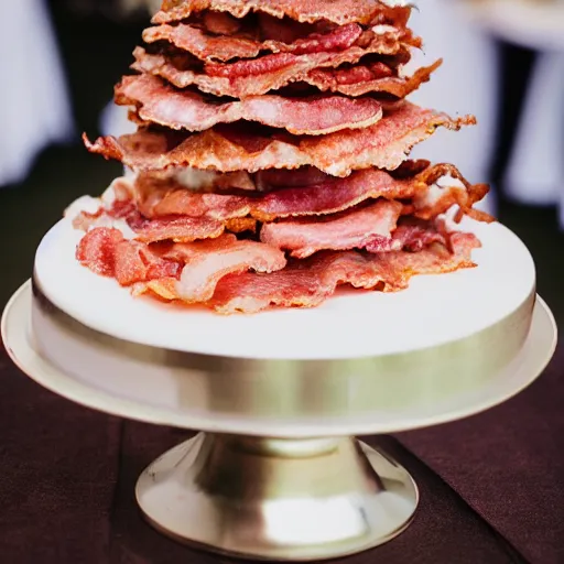 Image similar to a wedding cake made of bacon, hd professional food photography