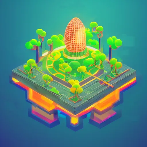 Image similar to isometric half sphere island on neon background, isometric invironment, 3d art, isometric art, amazing detail, artstation, concept art, behance, ray tracing