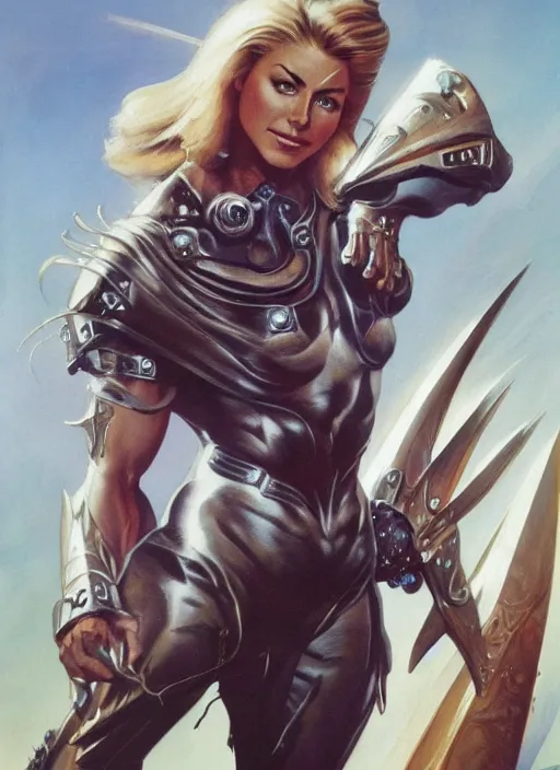 Image similar to a stunning medium shot portrait of julianne hough as a futuristic warrior, digital art by frank frazetta and boris vallejo and julie bell and moebius, highly detailed, trending on artstation, hq