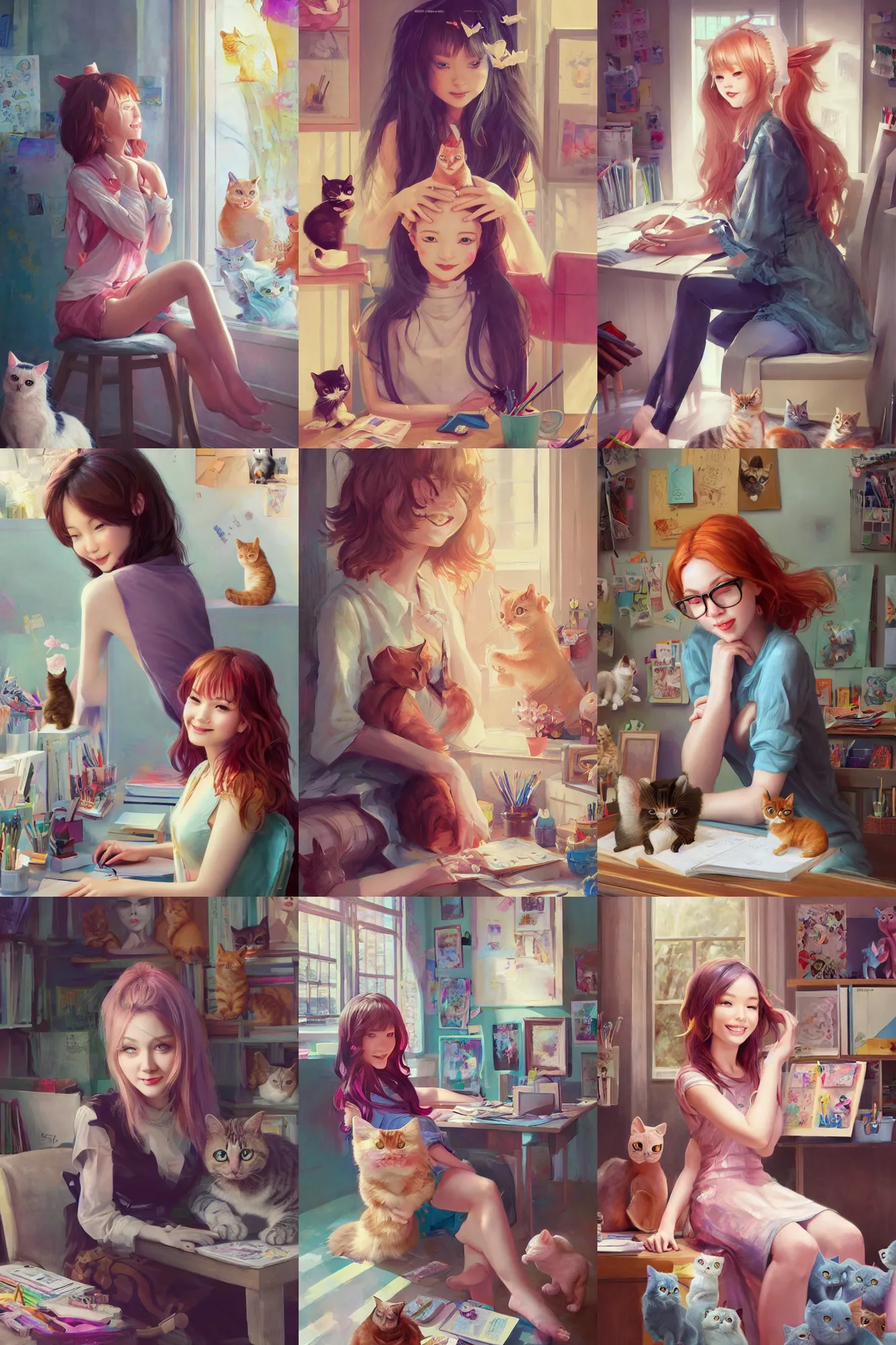 Prompt: a beautiful artist girl sitting in her office, surrounded by cute cats | | cute - fine - subtle smile, colorful hair, face, pretty face, fine details by stanley artgerm lau, wlop, rossdraws, james jean, andrei riabovitchev, marc simonetti, and sakimichan, trending on artstation