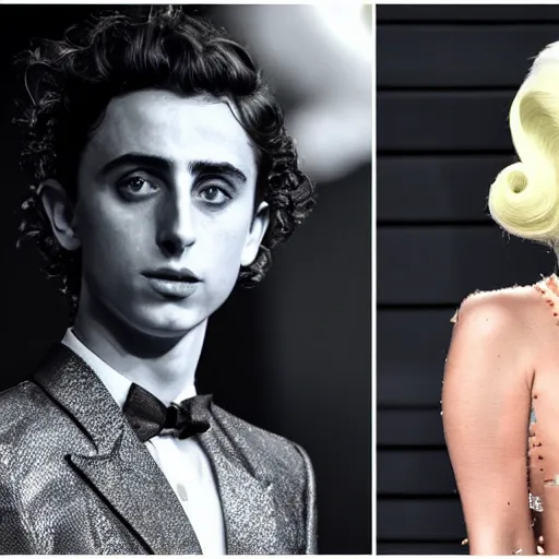 Image similar to timothee chalamet meets lady gaga, canon, highly realistic. high resolution. highly detailed 8 k. 4 k.