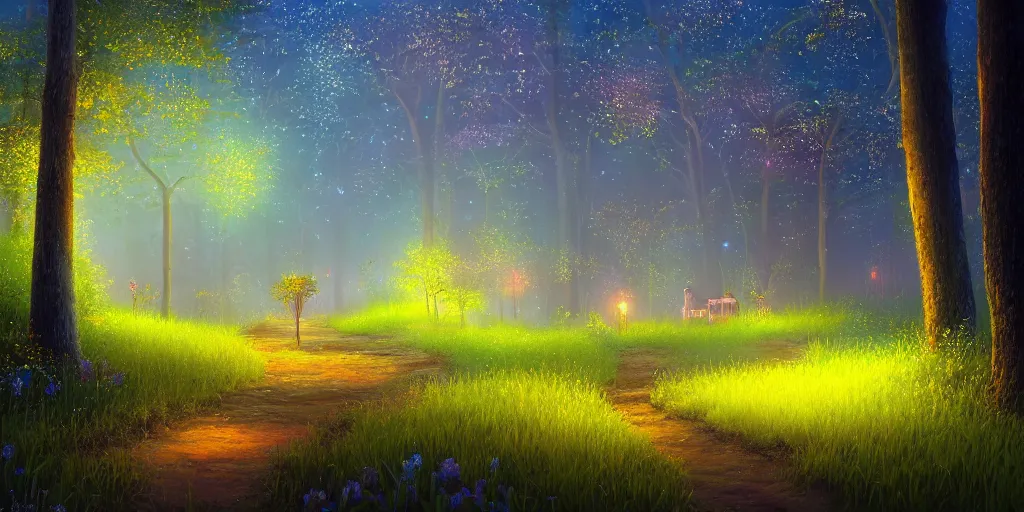 Image similar to fireflies in deep woods inspired by Evgeny Lushpin,flower meadow,spring,cinematic,trending on ArtStation