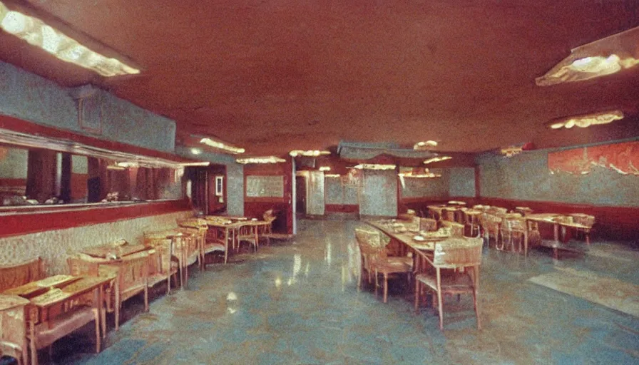 Prompt: 70s movie still of empty north-korean restaurant palace with propaganda fresco, eastmancolor, heavy grain, high quality, higly detailed