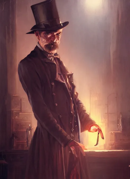 Image similar to highly detailed portrait of jack the ripper, realistic, horror, fantasy art by greg rutkowski, stanley artgerm, loish, rhads, tom bagshaw, global illumination, radiant light, detailed and intricate environment