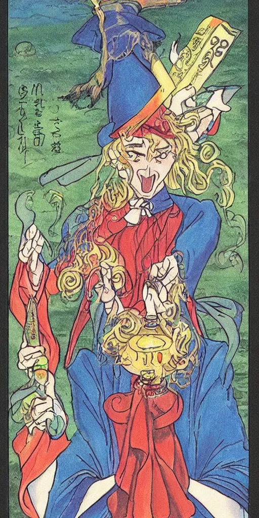 Image similar to a mystical man with a goblet on the table, wizard hat, drawn by Naoko Takeuchi, tarot card. tarot card the magician