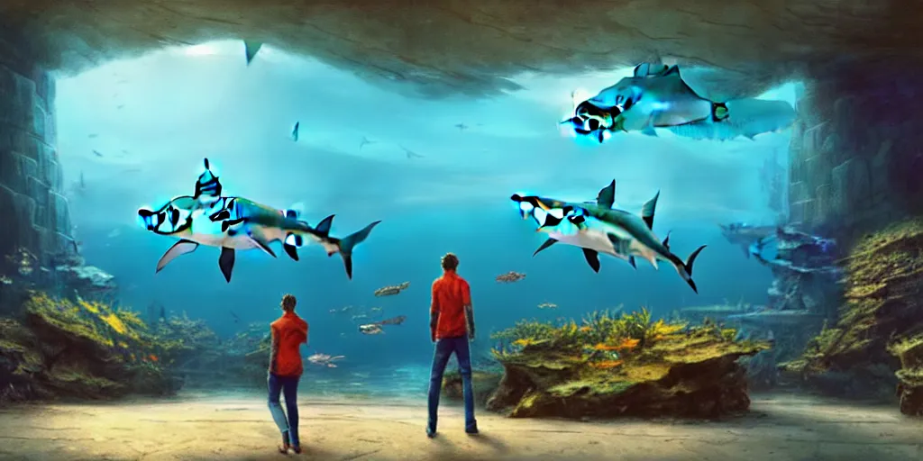 Prompt: a shark in a huge aquarium, beautiful scenery, vivid colors, digital art, landscape, fantasy art, octane render, unreal engine, high detail, very realistic, by greg rutkowski. by james gurney