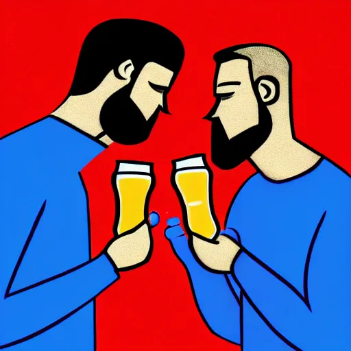 Prompt: two beautiful chad men drinking beers ((hearts)), friendship, love, sadness, dark ambiance, concept by Godfrey Blow, featured on deviantart, drawing, sots art, lyco art, artwork, photoillustration, poster art