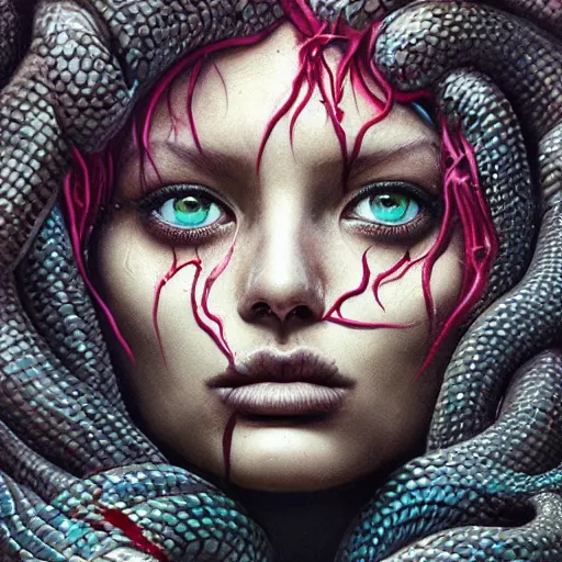 Image similar to Beautiful medusa woman sitting covered in snakes,full character, melting ,8k,by tristan eaton,Stanley Artgermm,Tom Bagshaw,Greg Rutkowski,Carne Griffiths, Ayami Kojima, Beksinski, Giger,trending on DeviantArt,face enhance,hyper detailed,minimalist,horror, android, full of colour