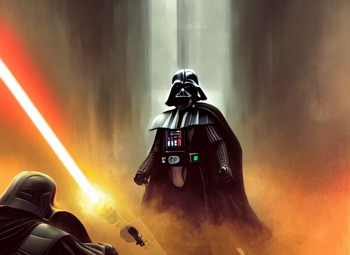 Image similar to a Photorealistic dramatic hyperrealistic render of darth vader with lightsaber drawn facing off against a cute corgi in battle, futuristic star wars vibe, by WLOP and Artgerm and Greg Rutkowski and Alphonse Mucha, Beautiful dynamic dramatic dark moody lighting, shadows, cinematic atmosphere, Artstation, concept design art, Octane render, 8K, masterpiece