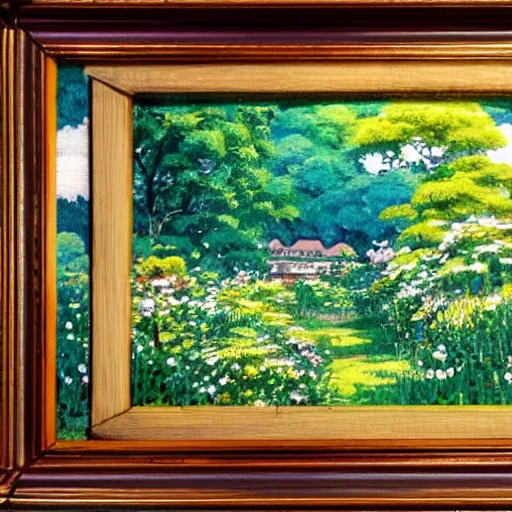 Prompt: an oil painting of a studio ghibli meadow view from a cozy window