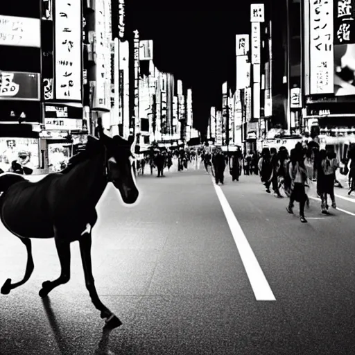 Image similar to horse running down the Tokyo Street night sky busy Street