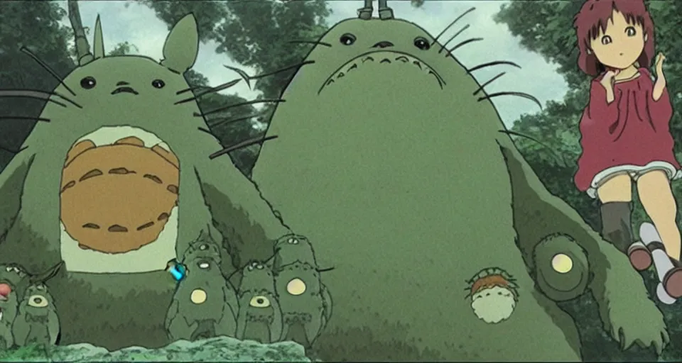 Image similar to Japanese Anime movie, A scene from a Ghibli movie, Totoro looking like Cthulhu.