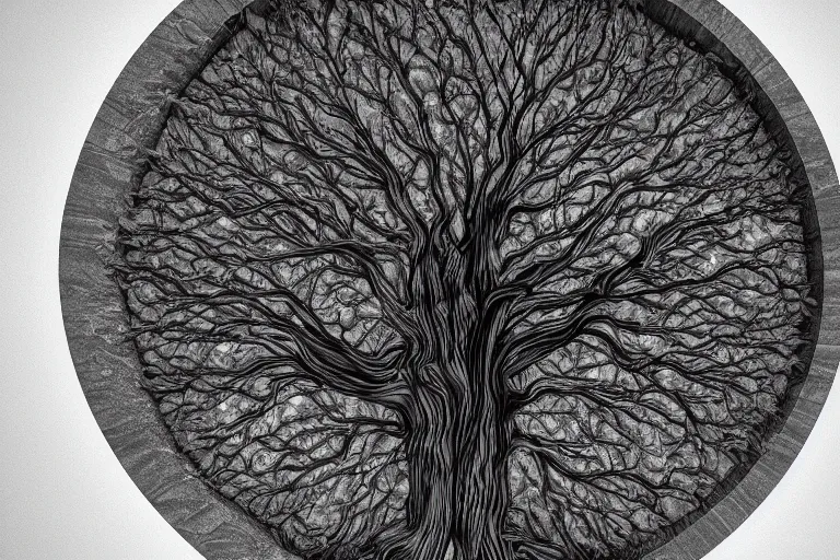 Image similar to soul tree of the earth, perfect symmetry, left side chaos, right side serenity, circular base surrounding grand tree, cinematic, intricate detail, small details, extra detail, high resolution, 3 d, volumetric lighting, octane render, 8 k, ultradetailed, photorealistic