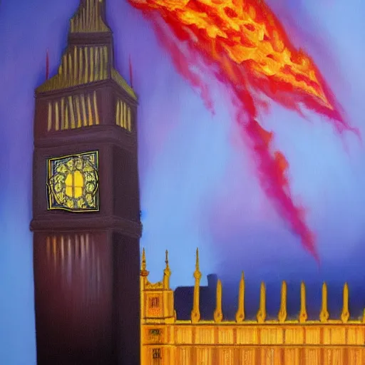 Image similar to detailed, soft, dynamic painting of the Big Ben in flames, burning, arson, professional painting, at dusk