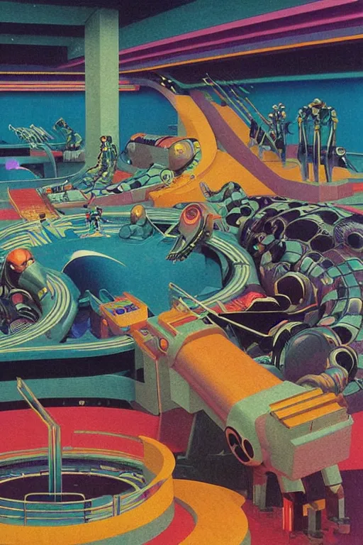 Prompt: 8 0 s art deco swimmingpool, robots, led screens, droids, planets, supernova, computers, cinematic dramatic cyberpunk textural fluid lines otherworldly vaporwave interesting details fantasy lut epic composition by basquiat zdzisław beksinski james jean artgerm rutkowski moebius francis bacon gustav klimt