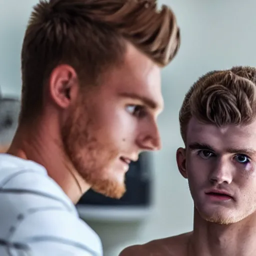 Image similar to a realistic detailed photo of a guy who is an attractive humanoid who is half robot and half humanoid, who is a male android, soccer players martin ødegaard & timo werner, shiny skin, posing like a statue, blank stare, in a living room, on display, showing off his muscles, gold soccer shorts, side view