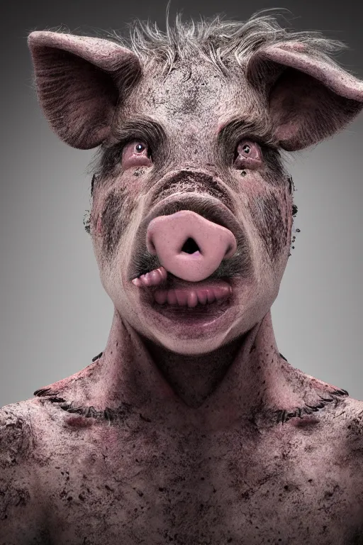 Image similar to a pig with a human face poses for a portrait, creepy, unsettling, scary, nightmare, intricate, hyper detailed, accent lighting, dramatic light, 4 k octane render