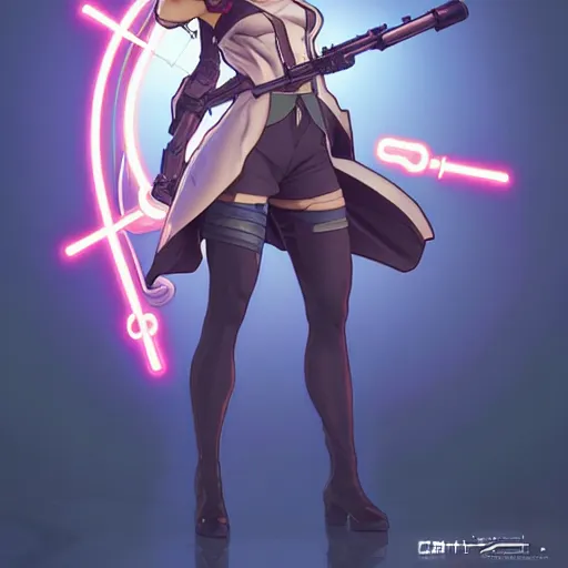 Prompt: a full body character design by artgerm, cushart krenz, ross tran, alphonse mucha. cute mad scientist girl!! shoulder mounted canon gun bazooka!! futuristic lab coat!! bold outline sharp edges. ultra clear detailed. 8 k. elegant, neon colors, dynamic angle, intricate complexity, epic composition, action pose, cinematic lighting masterpiece