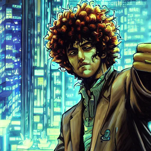 Prompt: a detailed beautiful cyberpunk painting of spike spiegel as a curly-haired persian guy giving a thumbs up by masamune shirow