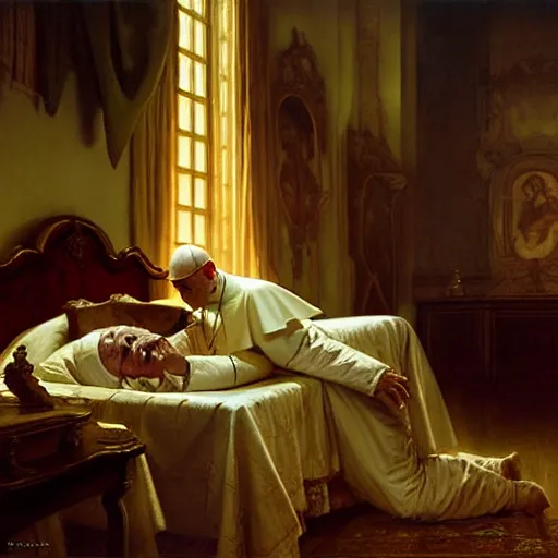 Image similar to the pope wakes up is his bed, sweating, nervous, terrified, because a double horned shadow demon lurks in the wall of the papal bedroom. highly detailed painting by gaston bussiere, j. c. leyendecker, greg rutkowski, craig mullins 8 k