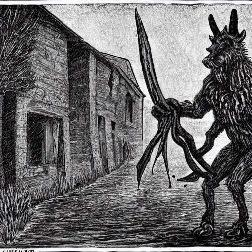 Image similar to horror, moody, still from film, daytime, muddy village square, wide shot, roaring mutant goat monster, powerful and huge, creeping on legs with hands instead of feet, filthy jagged teeth in gaping mouth, matted dirty fur, in muddy medieval village square