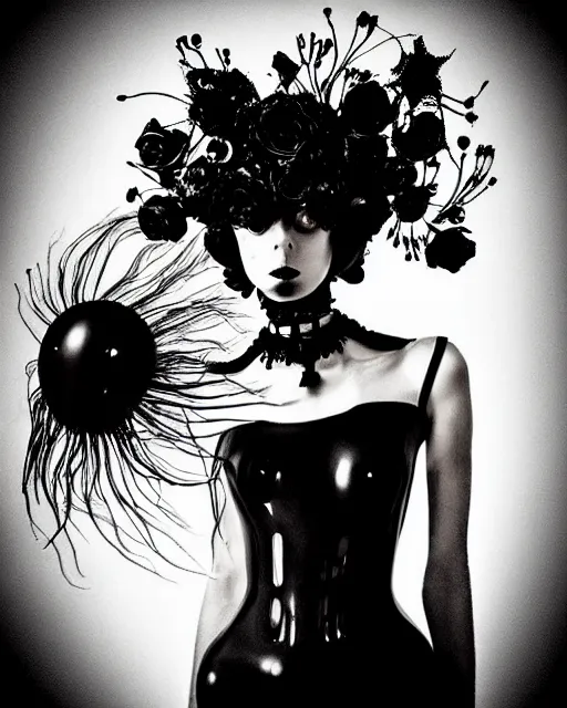 Image similar to dreamy surreal poetic black and white photo of a beautiful young bio-mechanical-female-jellyfish-cyborg-plant-plastic-robot with a very long neck and a super big gothic lace collar and a very high big floral crown with many black dry roses by Vivienne Westwood:: smoke, high fashion, haute couture, rococo, avant-garde, elegant, dreamy, hyper realistic, 150 mm lens, soft rim light, octane render, unreal engine, picture was taken in 1910 by Dora Maar, volumetric lighting, dramatic light,8k,