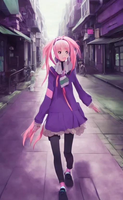 Image similar to anime girl with pink ponytail, wearing purple headphones, wearing a green sweater, with a smile on her face and her eyes closed, walking down a street, dynamic lighting, photorealistic fantasy concept art, trending on art station, very detailed, anime concept art, stunning visuals, creative, cinematic, ultra detailed