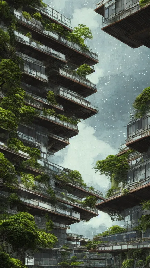 Prompt: photo in style of hiroshige and piranesi. biopunk timber futuristic building in a urban setting. ultrarealistic. mossy buildings have deep tall balconies with plants, trees, and many people. thin random columns, large windows, deep overhangs. greeble. 8 k, volumetric lighting.