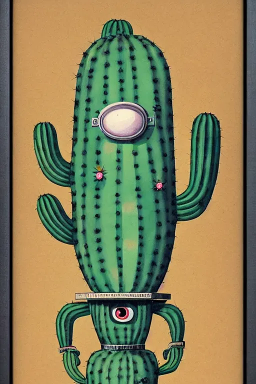 Image similar to long shot of a 1950s retro Cactus robot, with space above the head. full body framed. Bionic cacti Arms and eyes. pop surrealism, muted colours. by Jean-Baptiste Monge, wide shot
