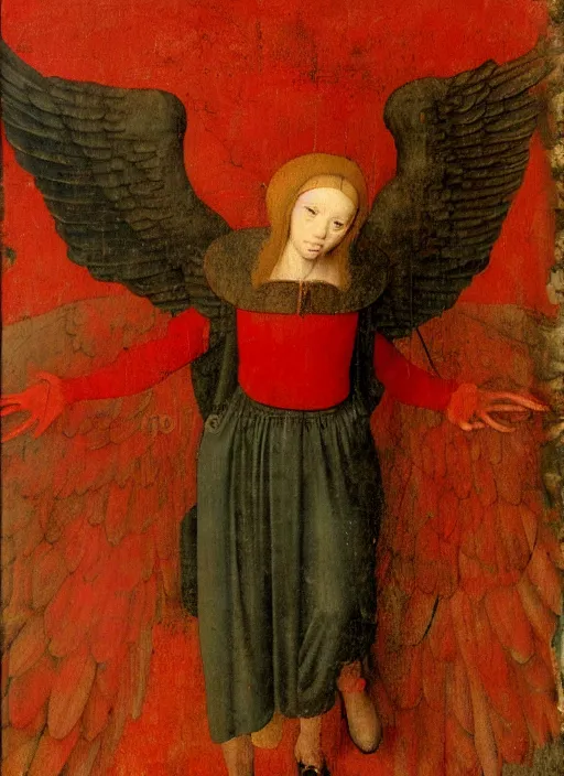 Prompt: fallen angel dressed in red with wings by Jan van Eyck, Hieronymus Bosch, Johannes Vermeer 4k post-processing, highly detailed medieval painting