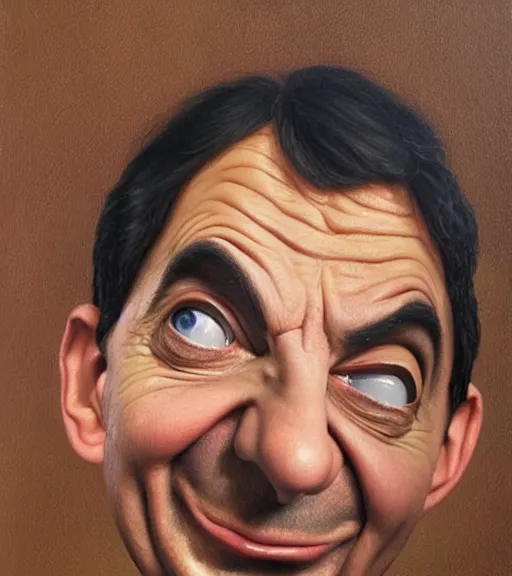 Image similar to mr bean in the shape of baked beans, surrealist oil painting, highly detailed