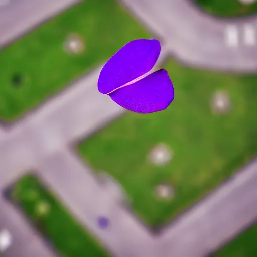 Prompt: closeup photo of 1 lone purple petal flying above a city city park, aerial view, shallow depth of field, cinematic, 8 0 mm, f 1. 8