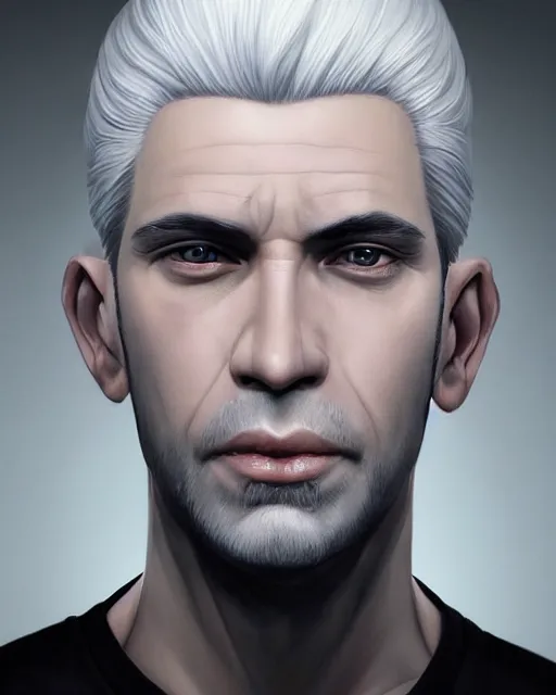 Image similar to portrait of 4 0 - year - old man with white hair with a pale complexion, pointed face and grey eyes, wearing black clothes, hyper realistic face, beautiful eyes, character art, art by artgerm lau and wlop and and ilya kuvshinov and john singer sargent, hyperdetailed, cryengine, trending on artstation, digital art