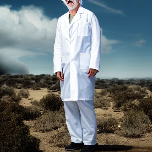 Prompt: a portrait of rick sanchez wearing white lab coat with background scenery by juergen teller, iris van herpen