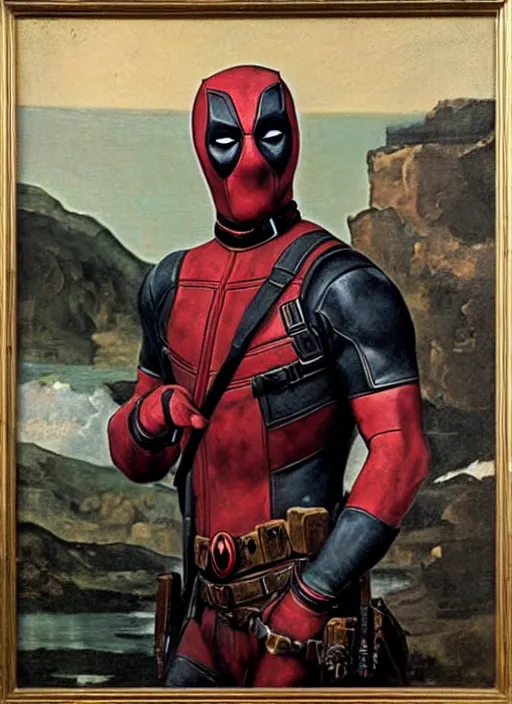 Image similar to oil painting of renaissance deadpool created by gustave courbet and michaelangelo, fantasy, portrait, highly detailed, large brush strokes