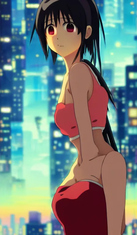 Image similar to anime fine details portrait of Momo Yaoyorozu in front of cyberpunk moder city landscape on the background deep bokeh, close-up view, anime masterpiece by Studio Ghibli. 8k, sharp high quality anime, artstation