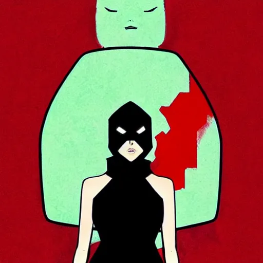 Prompt: Phil Noto comic art, artgerm, eiichiro oda, pixiv, cinematics lighting, beautiful Anna Kendrick supervillain Enchantress, green dress with a black hood, angry, symmetrical face, Symmetrical eyes, full body, flying in the air over city, night time, red mood in background