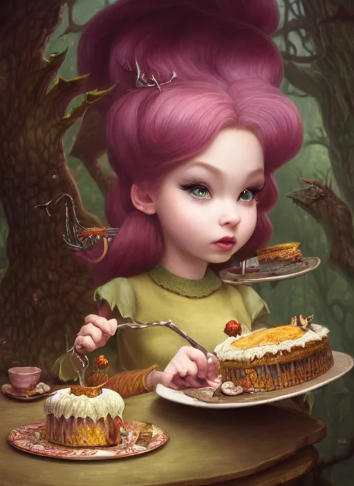 Image similar to highly detailed closeup portrait of a fairytale dragon eating cakes, unreal engine, nicoletta ceccoli, mark ryden, earl norem, lostfish, hyung tae, frank frazetta, global illumination, detailed and intricate environment