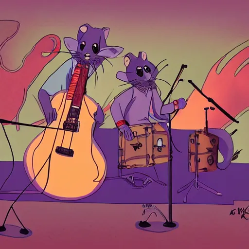 Image similar to rats playing in a rock band inspired by the beatles, wholesome, ghibli and disney animation, sharp, art by ken anderson and mel shaw, dramatic lighting, brown palette, high detail