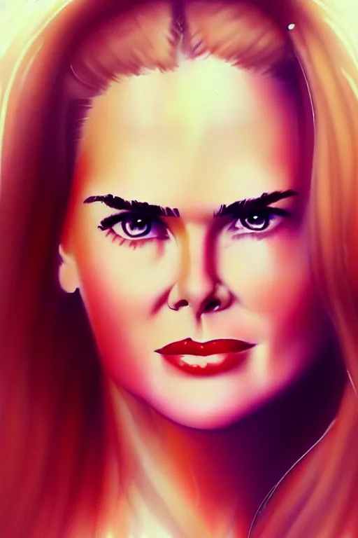 Image similar to mix of beautiful young maria shriver, mariel hemmingway, brooke shields, nicole kidman and elle macpherson as a young bikini model, thin lips, hair tied up in a pony tail, dark blonde hair, colorful, artstation, cgsociety