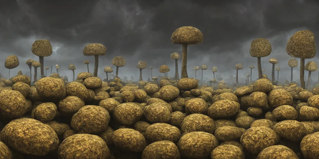 Image similar to Photorealistic crowd of fungus people made from fungus. Magically floating rocks, with ominous storm clouds, strange levitating stones, stones falling from the sky, a gentle rising mist. occult photorealism, UHD, amazing depth, glowing, golden ratio, 3D octane cycle unreal engine 5, volumetric lighting, cinematic lighting, cgstation artstation concept art