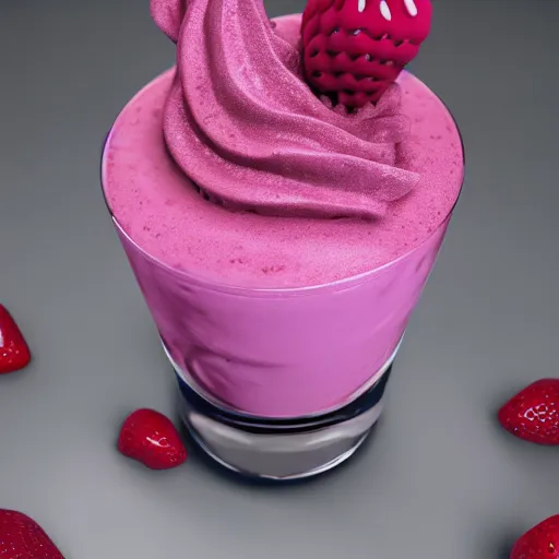 Image similar to 3 d render of a hovering pink milkshake with whipped cream with a slight sparkle and iridescent texture aginst a pink backdrop with slight sadow underneath and falling strawberries in the background, photorealistic, bold colours 4 k, cgsociety, blender, unreal engine 5, sharp details, 3 0 0 dpi