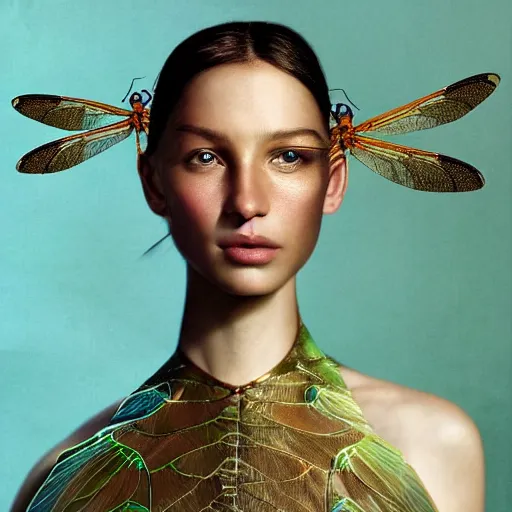 Image similar to brown woman wearing a shiny dragonfly armor. iridiscent. super detailed. layered. textured. award winning. dispersion of light. refracted lighting. soft. fragile. by ray caesar. by louise dahl - wolfe. by andrea kowch. surreal photoraphy. photorealistic